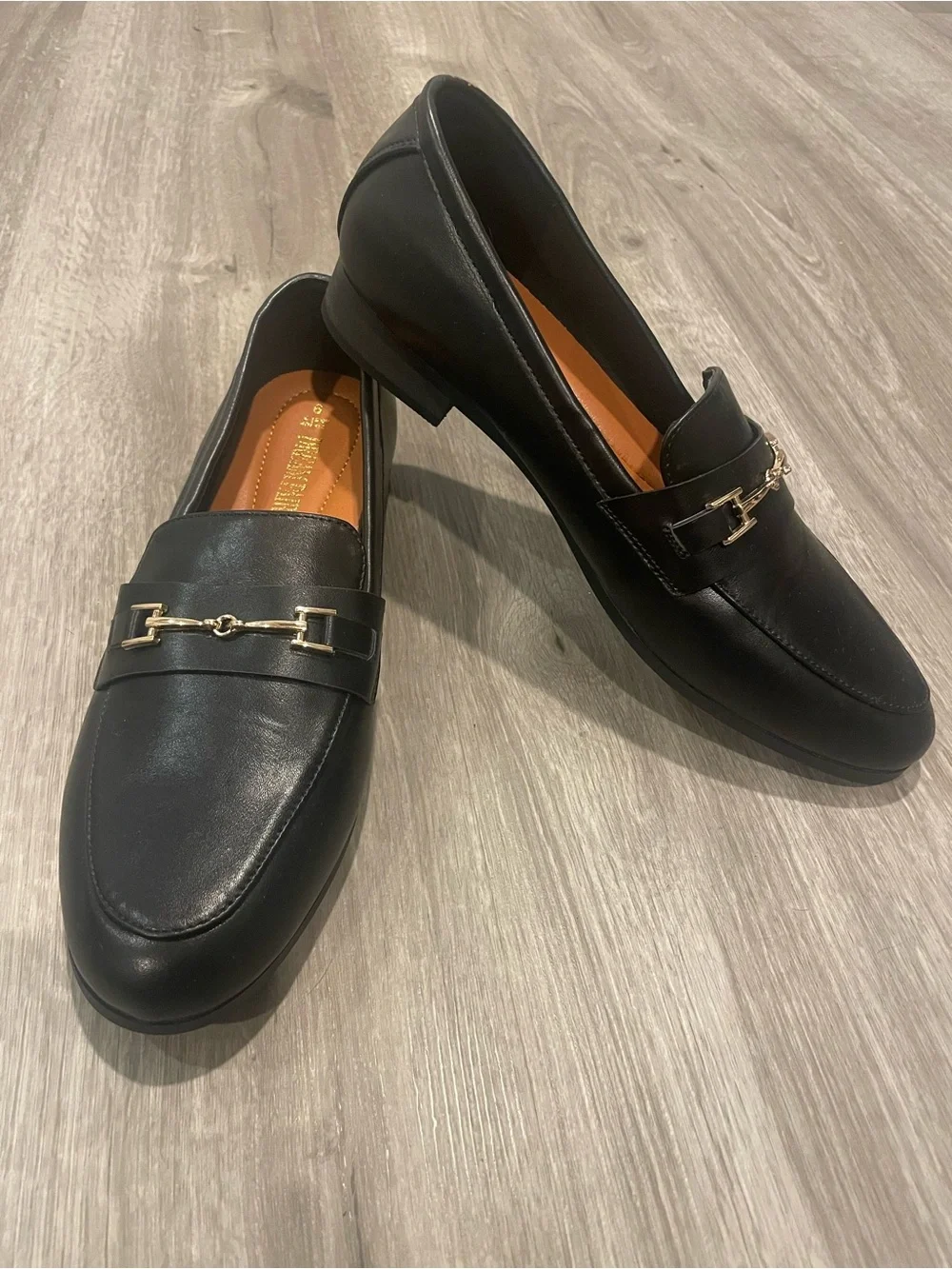 Black Leather women’s  Loafers with Gold Bit Accent
